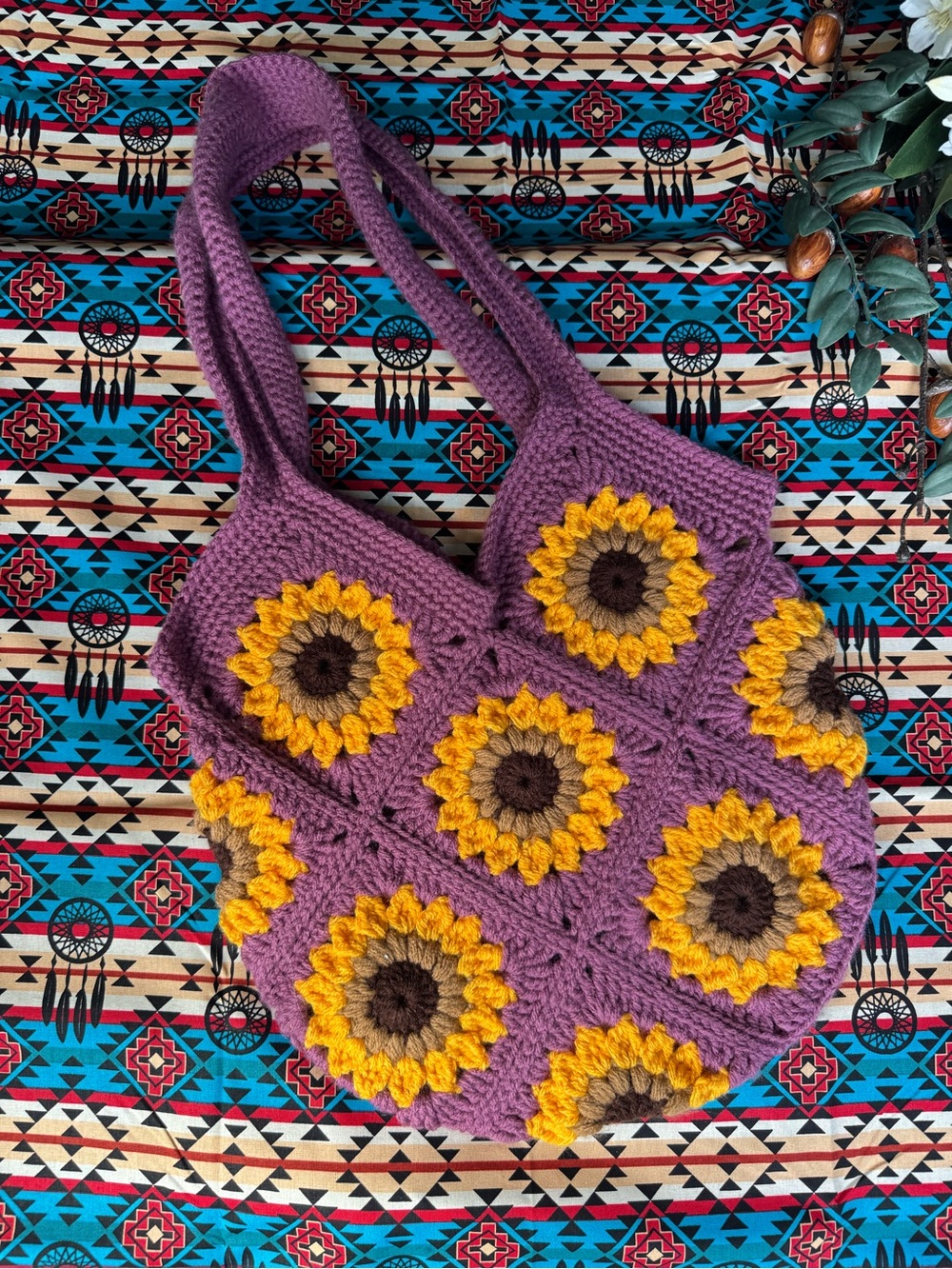 Handmade Crochet Sunflower Tote Bag in Purple & Yellow